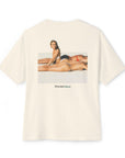 Made You Look cream tee, back photo print of women sunbathing on a beach