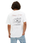 Rear view of model wearing Ferrari Chassis No 1 tee - vintage f1 apparel, motorsports apparel