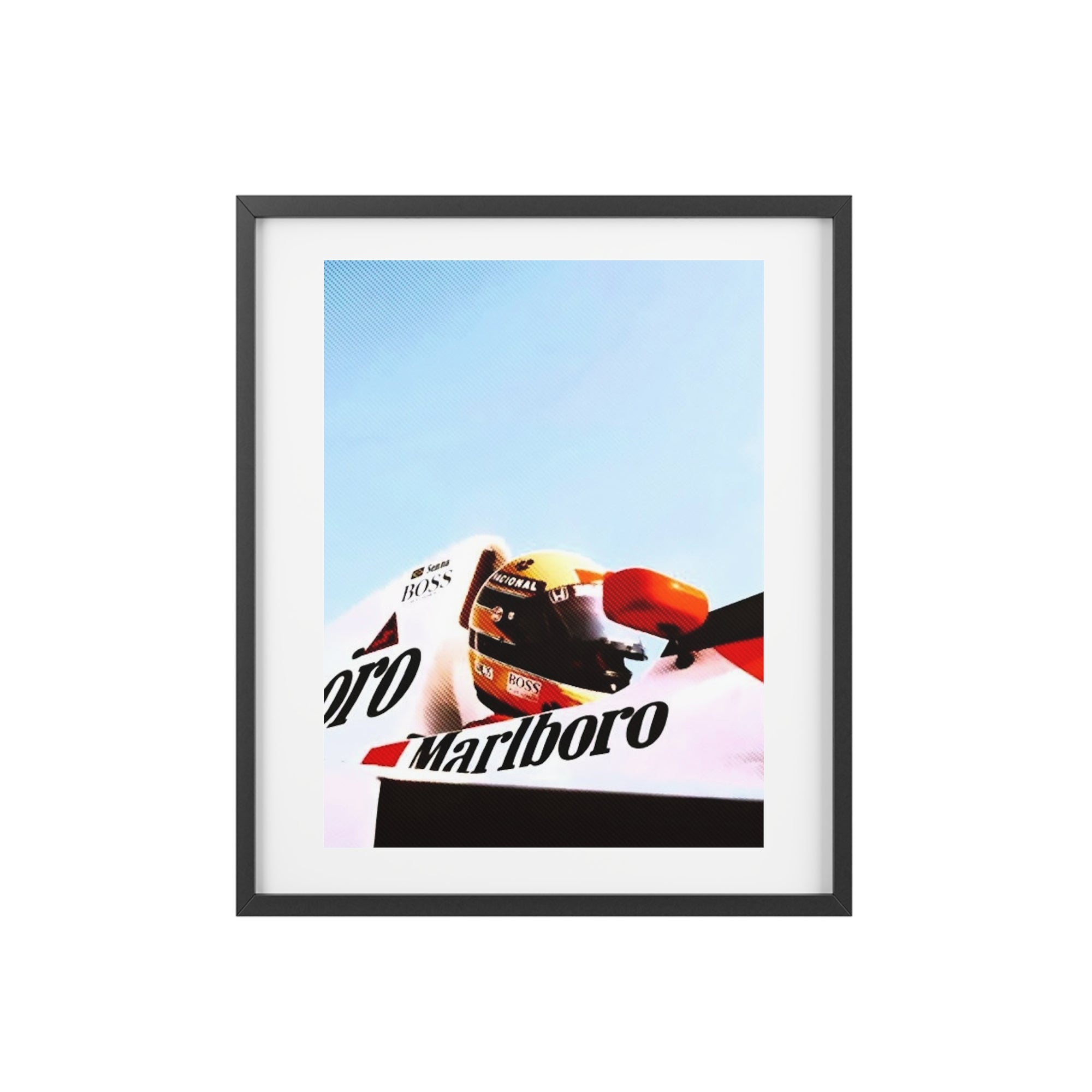 Bright and colorful framed Poster featuring Ayrton Senna in his Marlboro McLaren Formula One car.