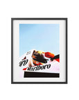 Bright and colorful framed Poster featuring Ayrton Senna in his Marlboro McLaren Formula One car.