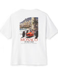 1965 Monaco Grand Prix tee in white, back print of a vintage race poster with a red F1 car