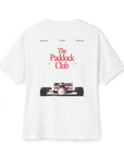 The Paddock Club tee in white, back print of Paddock Club title over a Marlboro McLaren F1 car