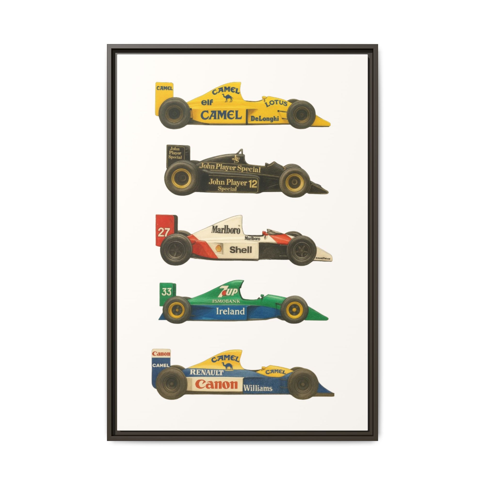 Framed poster with five Formula One cars on a white background
