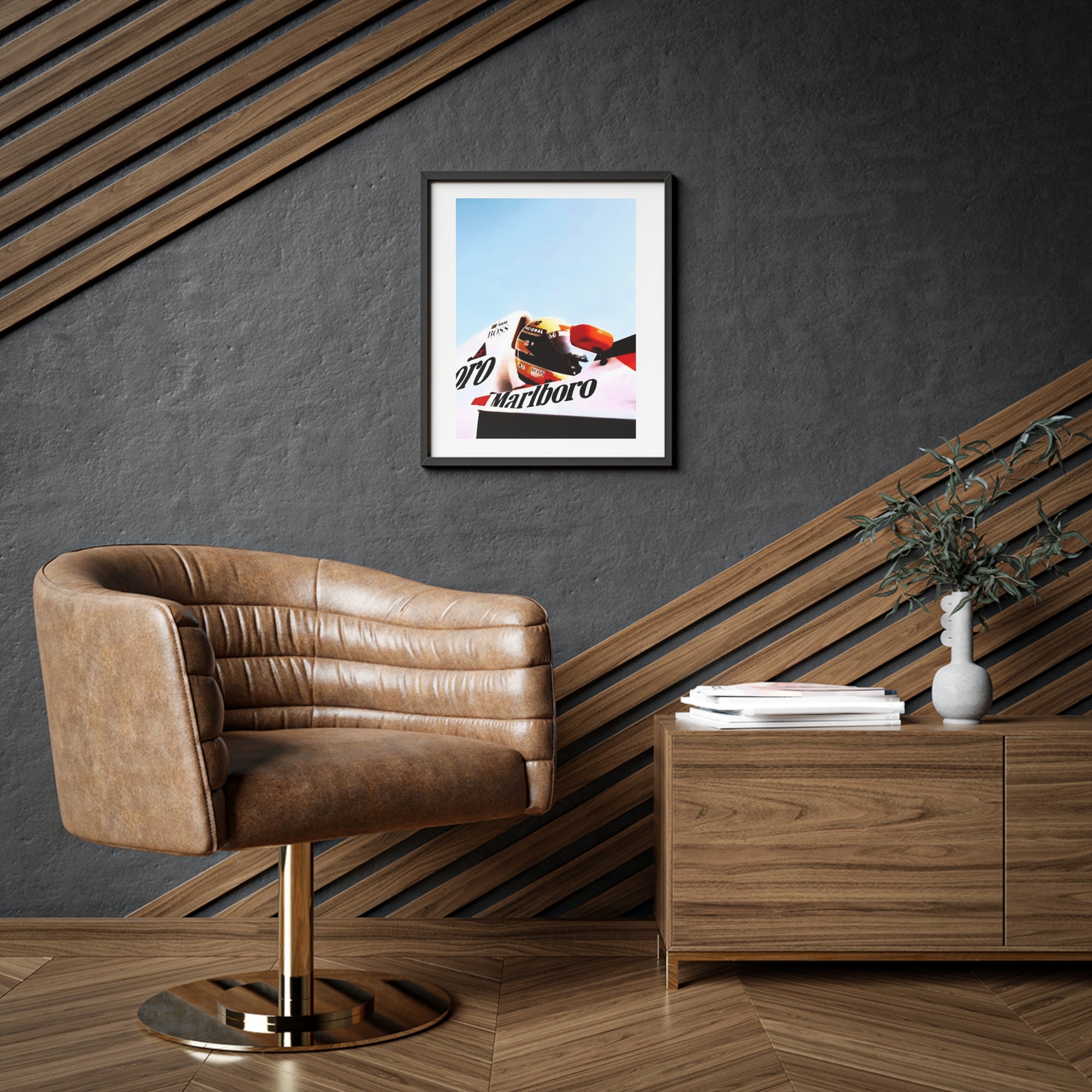 Bright and colorful framed Poster featuring Ayrton Senna in his Marlboro McLaren Formula One car.