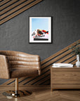 Bright and colorful framed Poster featuring Ayrton Senna in his Marlboro McLaren Formula One car.