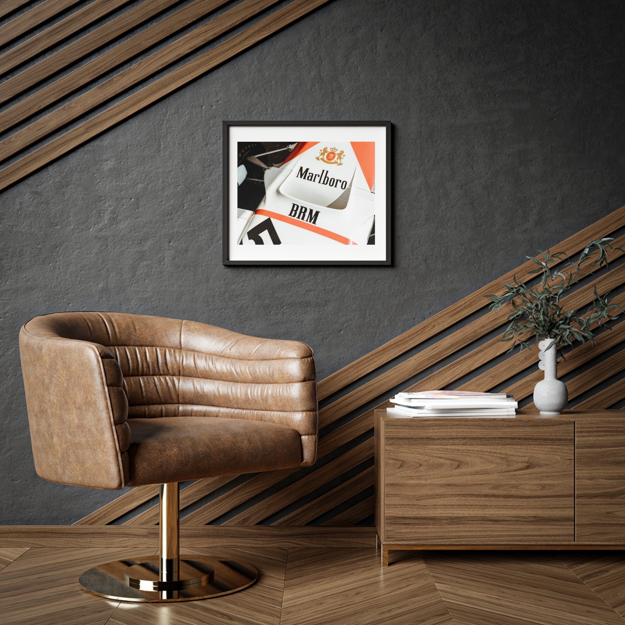 An old vintage formula one car close up of the classic Marlboro livery on the nose of the car with the suspension and tires showing.