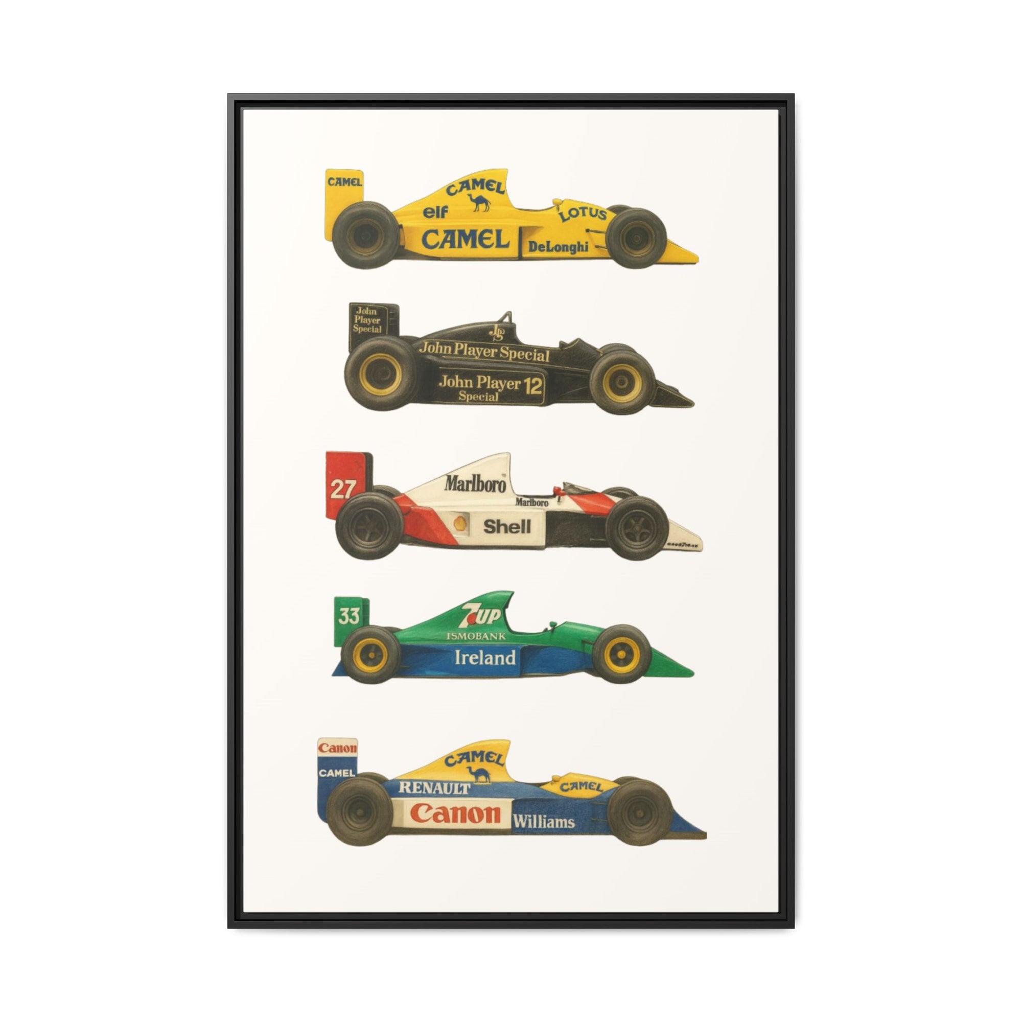 Framed poster with four vintage Formula One cars on a white background