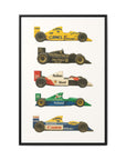 Framed poster with four vintage Formula One cars on a white background