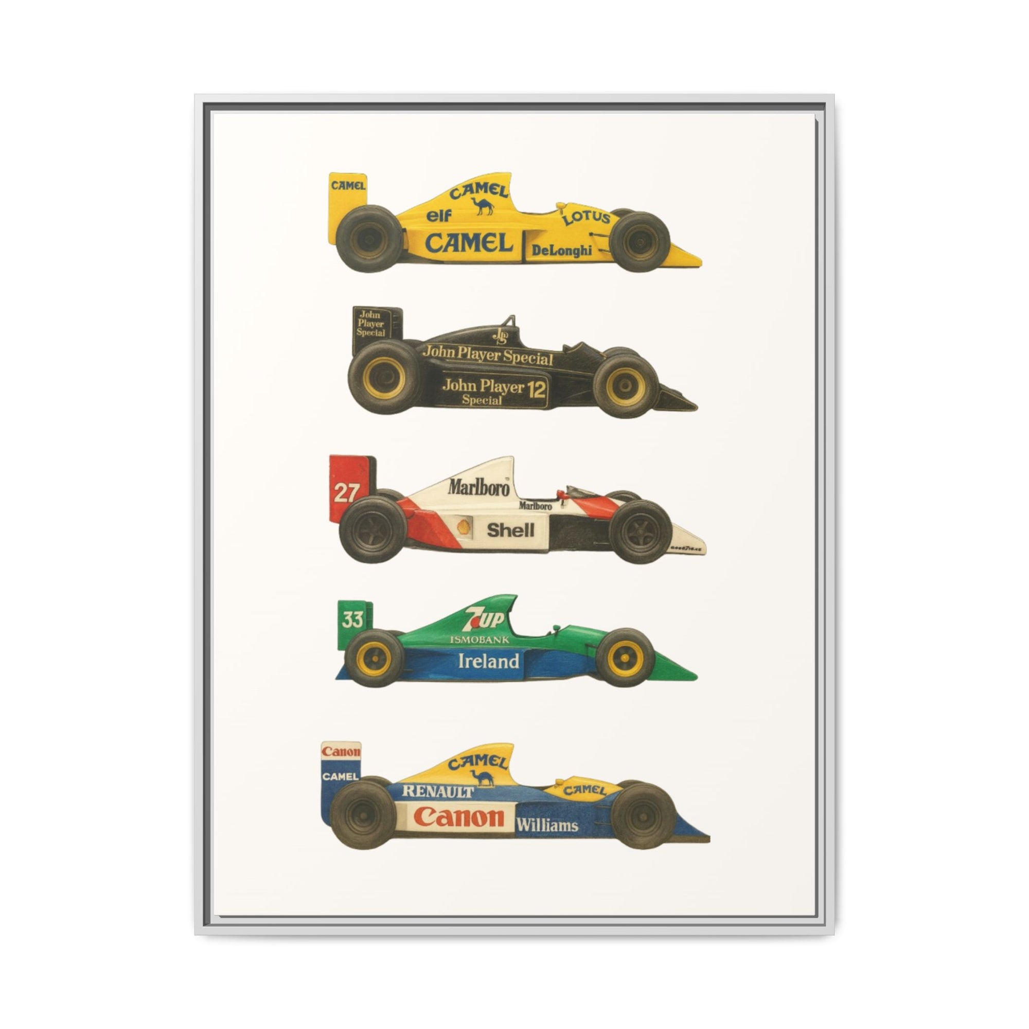 Framed poster with four vintage Formula 1 cars on a white background