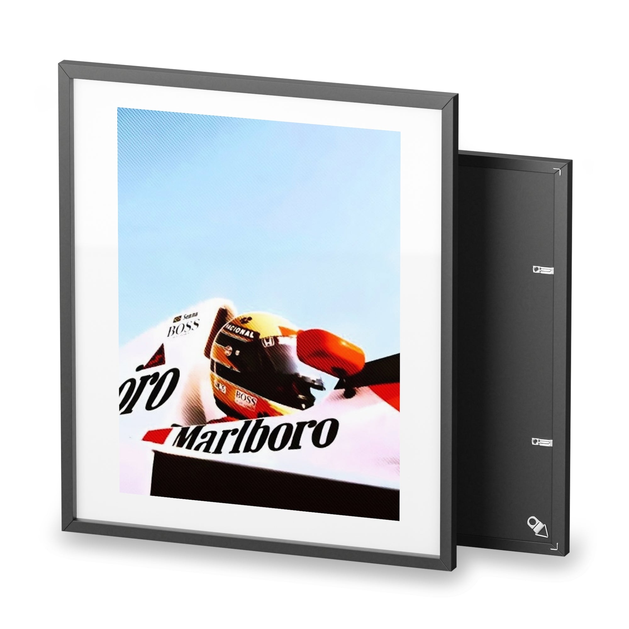 Bright and colorful framed Poster featuring Ayrton Senna in his Marlboro McLaren Formula One car.