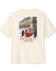 1965 Monaco Grand Prix tee in cream, back print of a vintage race poster with a red F1 car