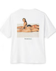 Made You Look white tee, back photo print of women sunbathing on a beach