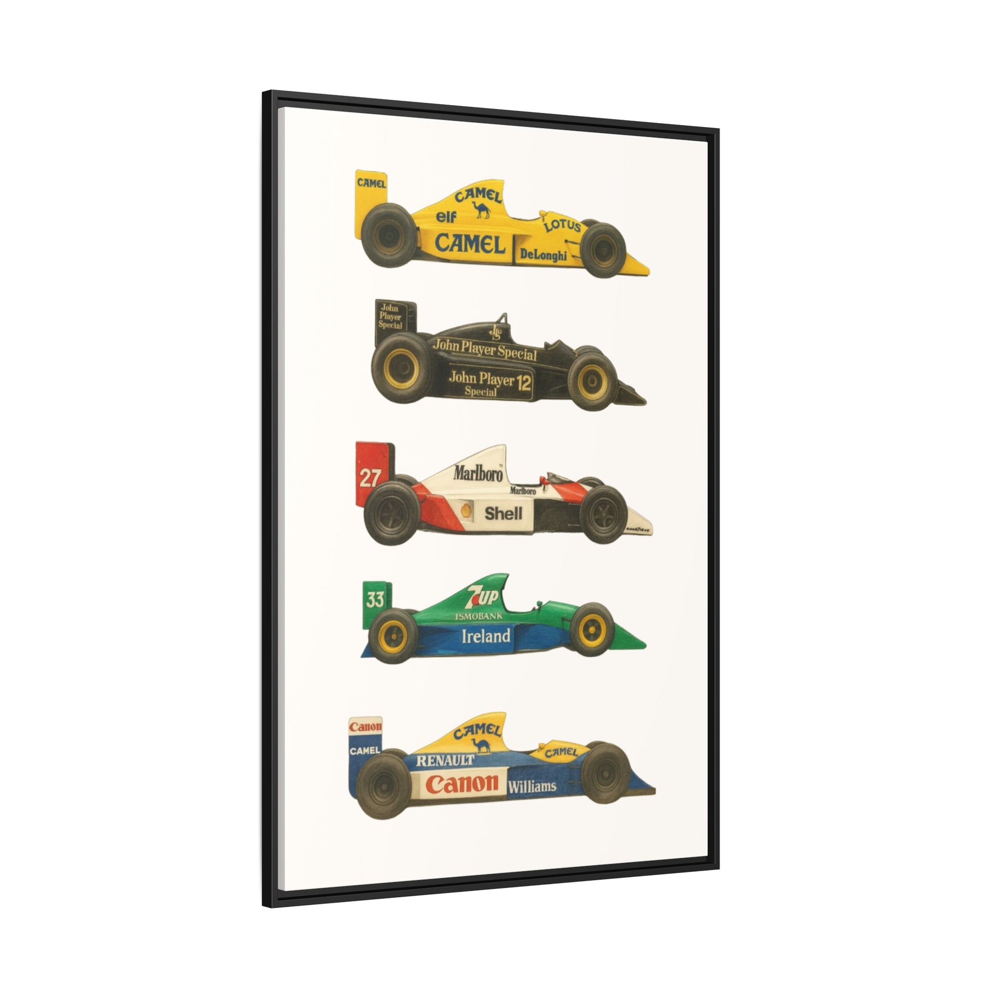 Framed poster with four Formula One cars on a white background