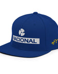 Side view of the Nacional snapback hat, featuring premium embroidery of Ayrton Senna's Autograph and a timeless motorsport aesthetic.