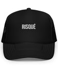 Black RISQUÉ foam trucker hat with premium embroidery and a structured design for a bold, minimalist look.