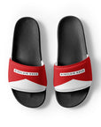 The Red's pool slides, red and white strap on black sole, top view