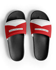 The Red's pool slides, red and white strap on black sole, top view