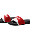 The Red's pool slides, red and white strap on black sole, side view