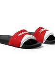 The Red's pool slides, red and white strap on black sole, side view