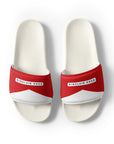 The Red's pool slides, red and white strap on white sole, top view