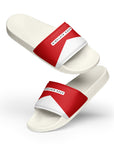 The Red's pool slides, red and white strap on white sole, angled pair