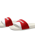 The Red's pool slides, red and white strap on white sole, side view