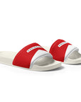 The Red's pool slides, red and white strap on white sole, side view