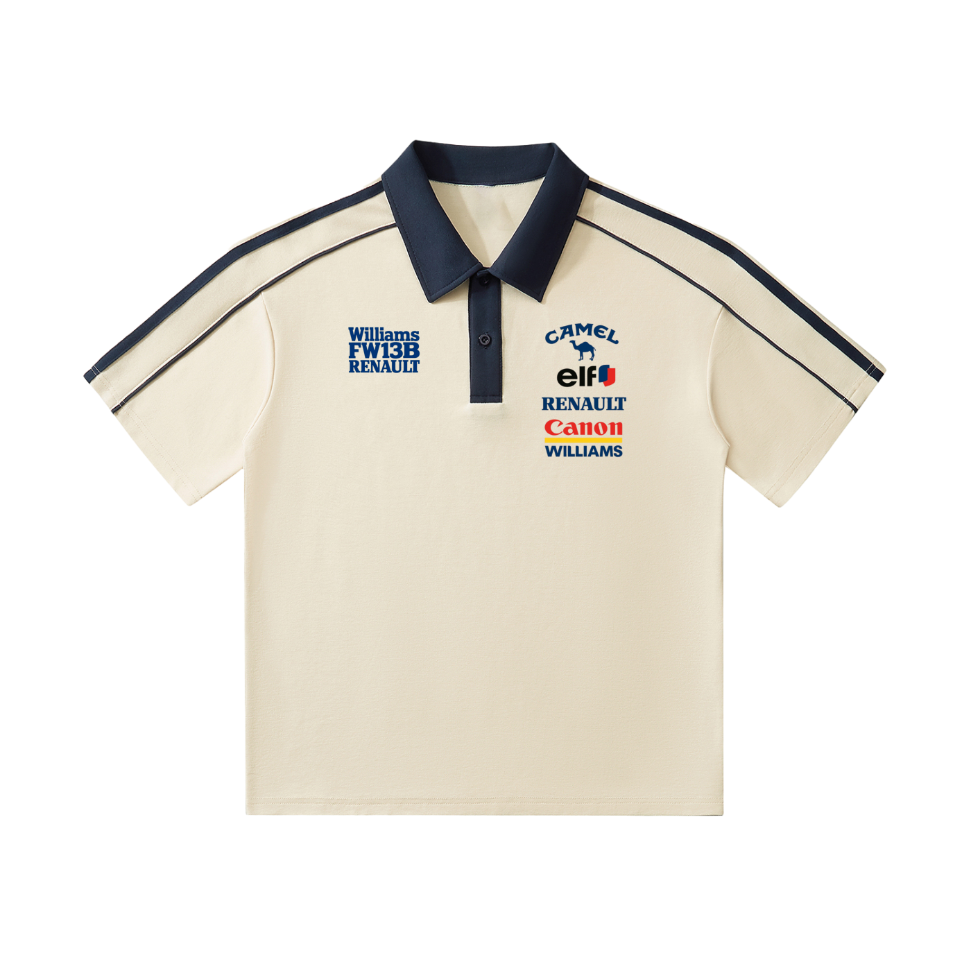 Beige polo shirt with brand logos on a white background
