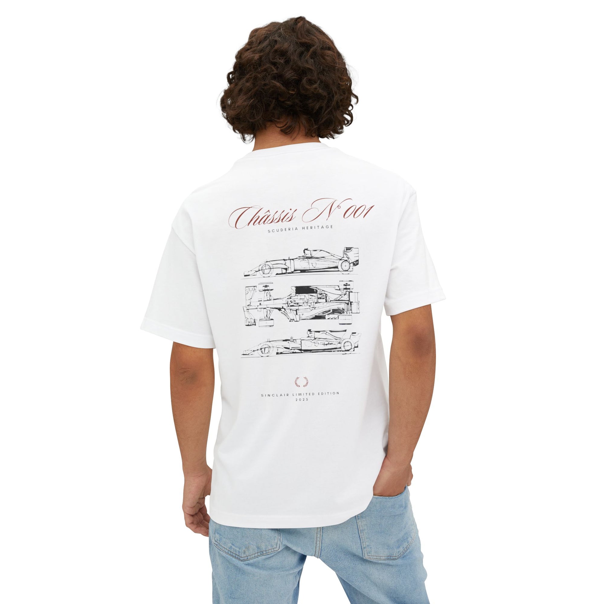 Rear view of model wearing Ferrari Chassis No 1 tee - vintage f1 apparel, motorsports apparel 