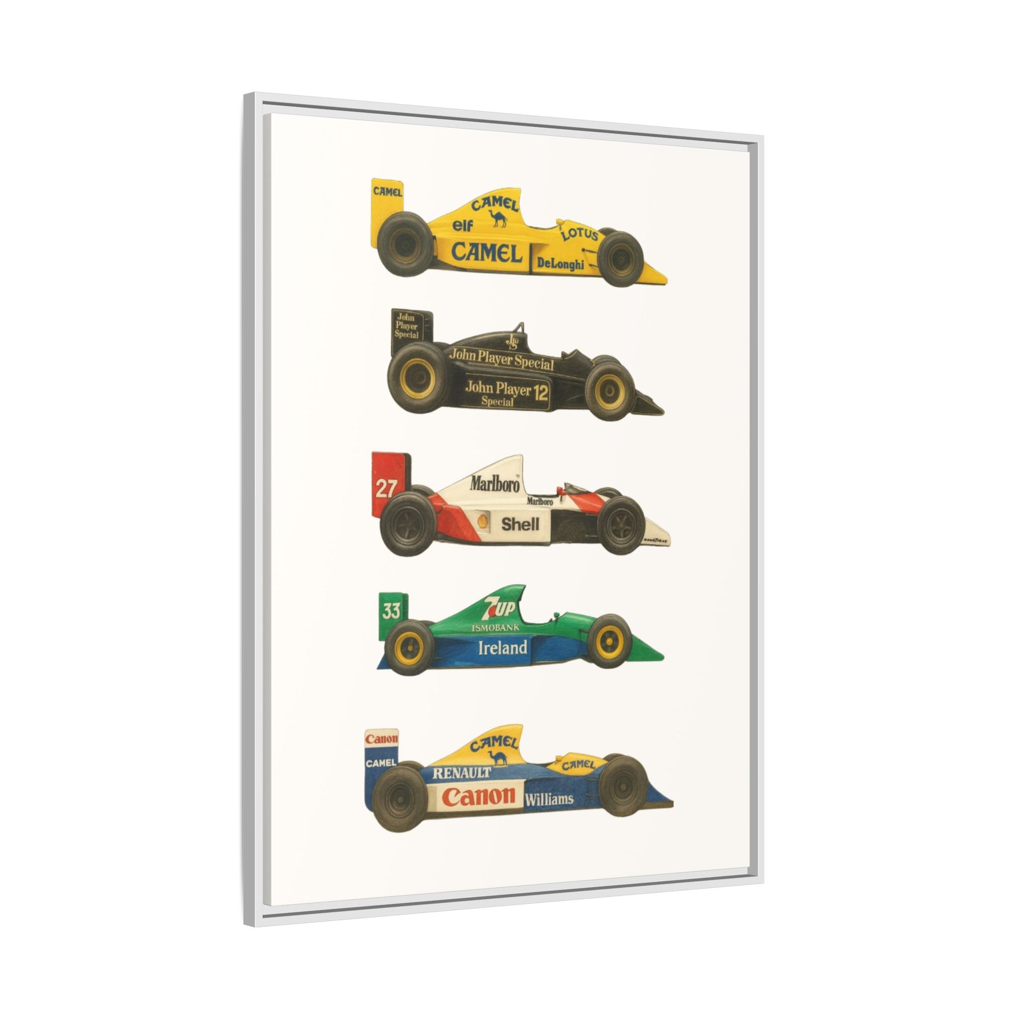 Framed artwork with four vintage Formula 1 cars on a white background