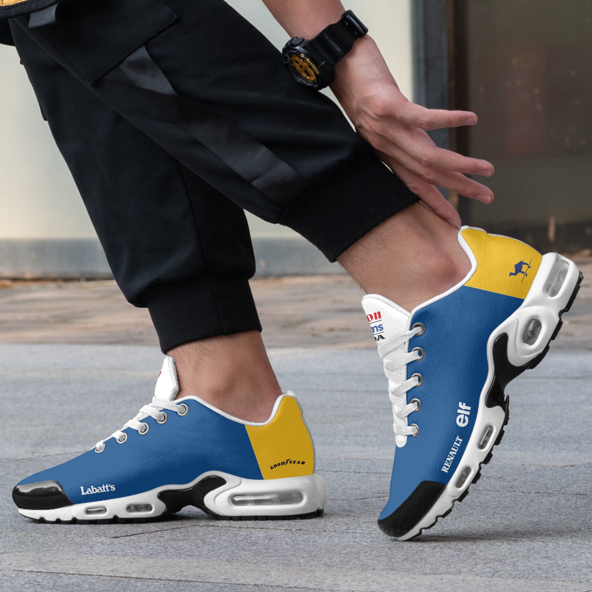 Model wearing Williams WF15 custom sneaker - f1 sneakers, motorsports footwear, race day sneakers