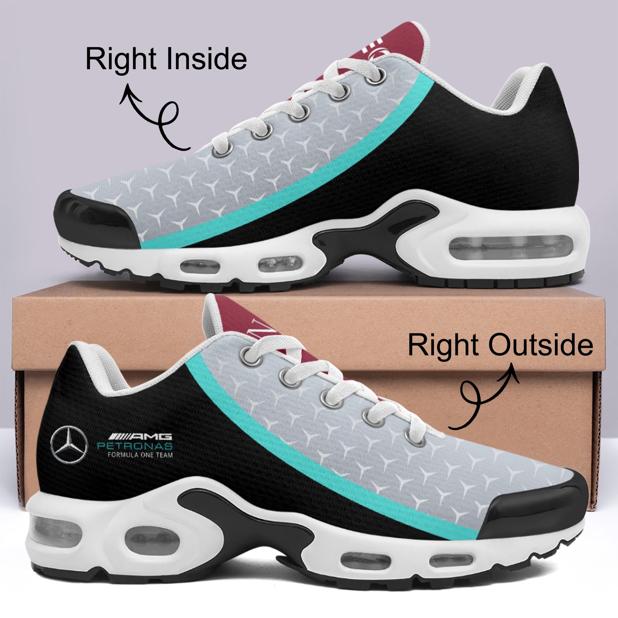 Side view of Mercedes Silver Arrows custom sneaker - f1 sneakers, motorsports footwear, race day sneakers