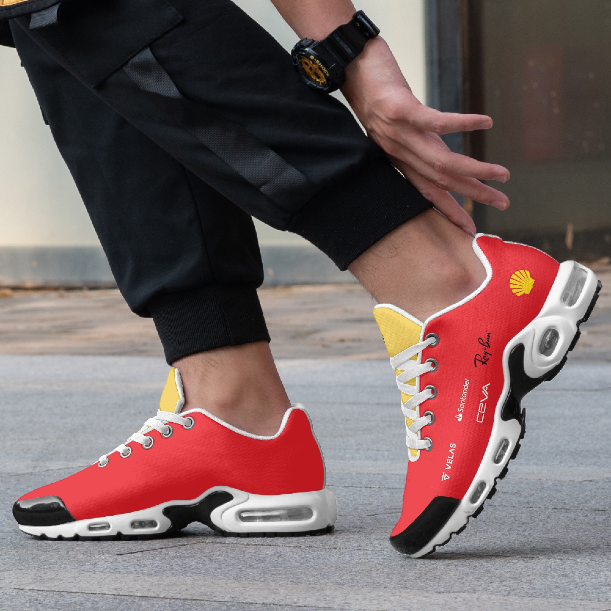 Model wearing Ferrari Scuderia custom sneaker - f1 sneakers, motorsports footwear, race day sneakers