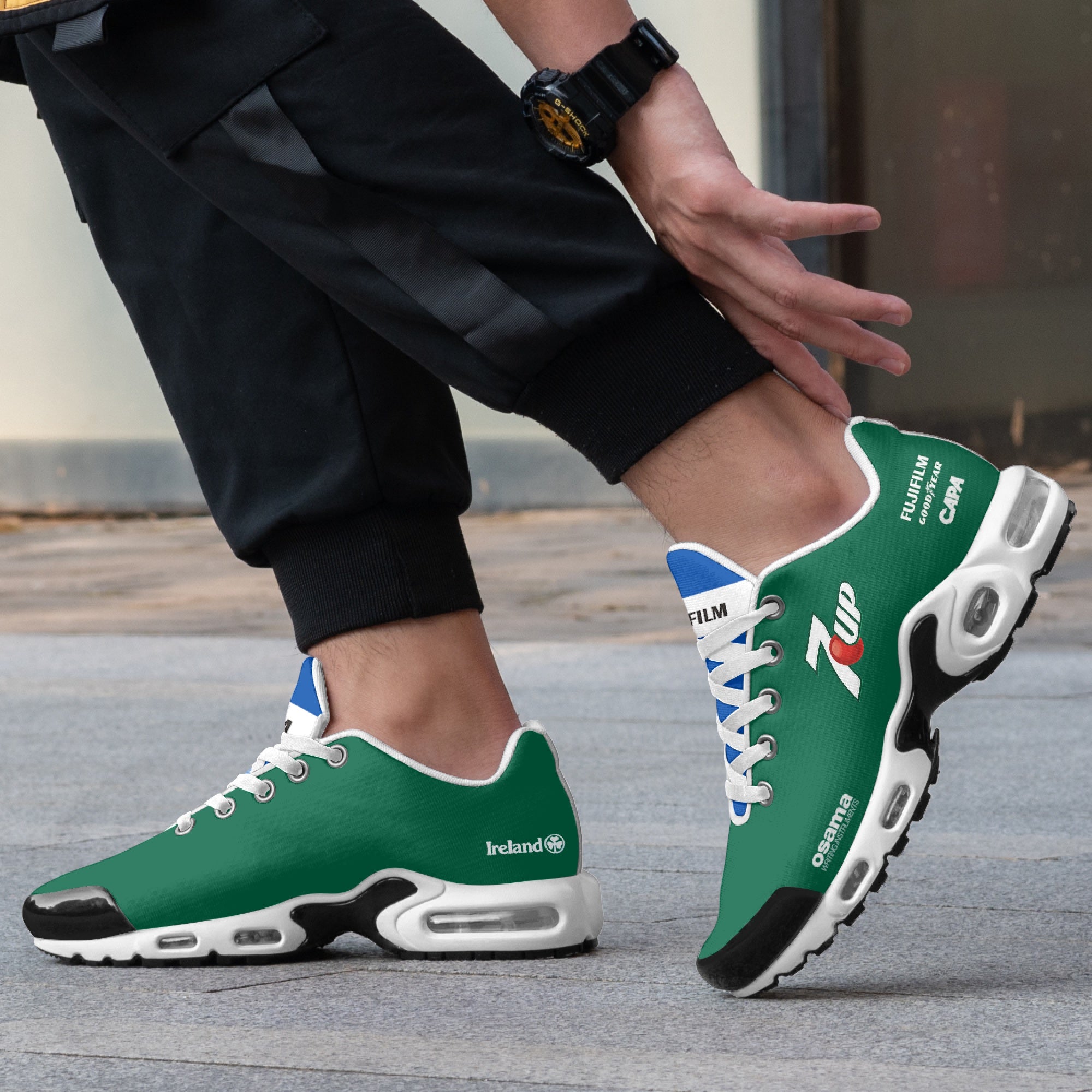 Model wearing Eddie Jordan 191 custom sneaker - f1 sneakers, motorsports footwear, race day sneakers