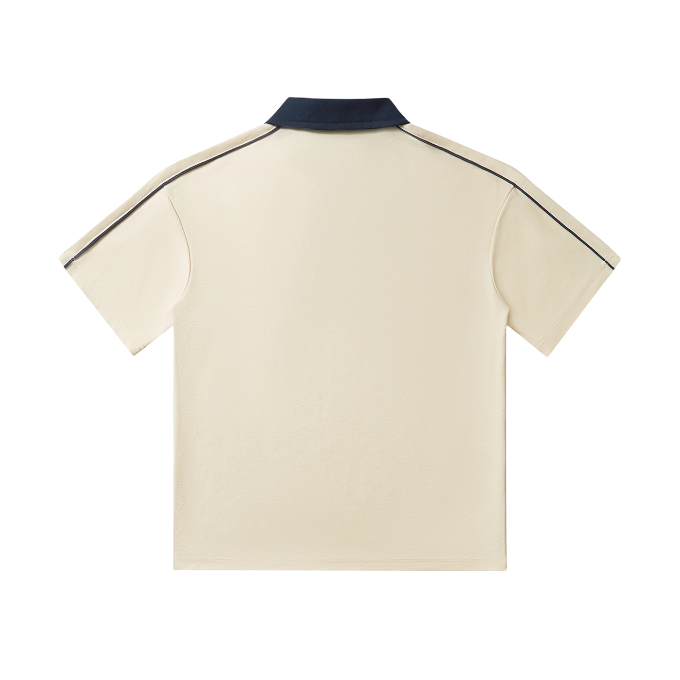 Beige polo shirt with navy trim on a white background