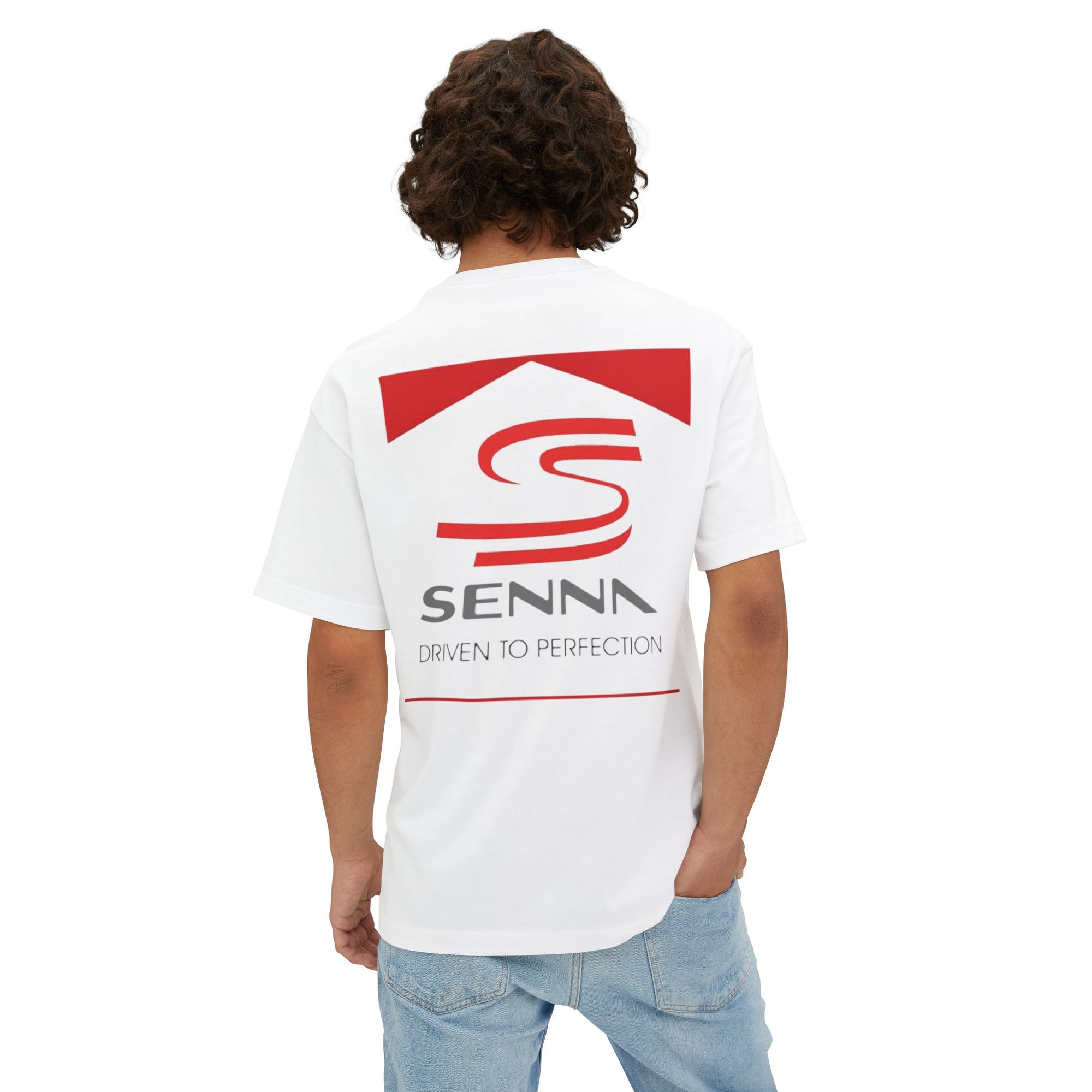 Model wearing Driven to Perfection tee - Ayrton senna apparel, vintage motorsports, premium f1 apparel.