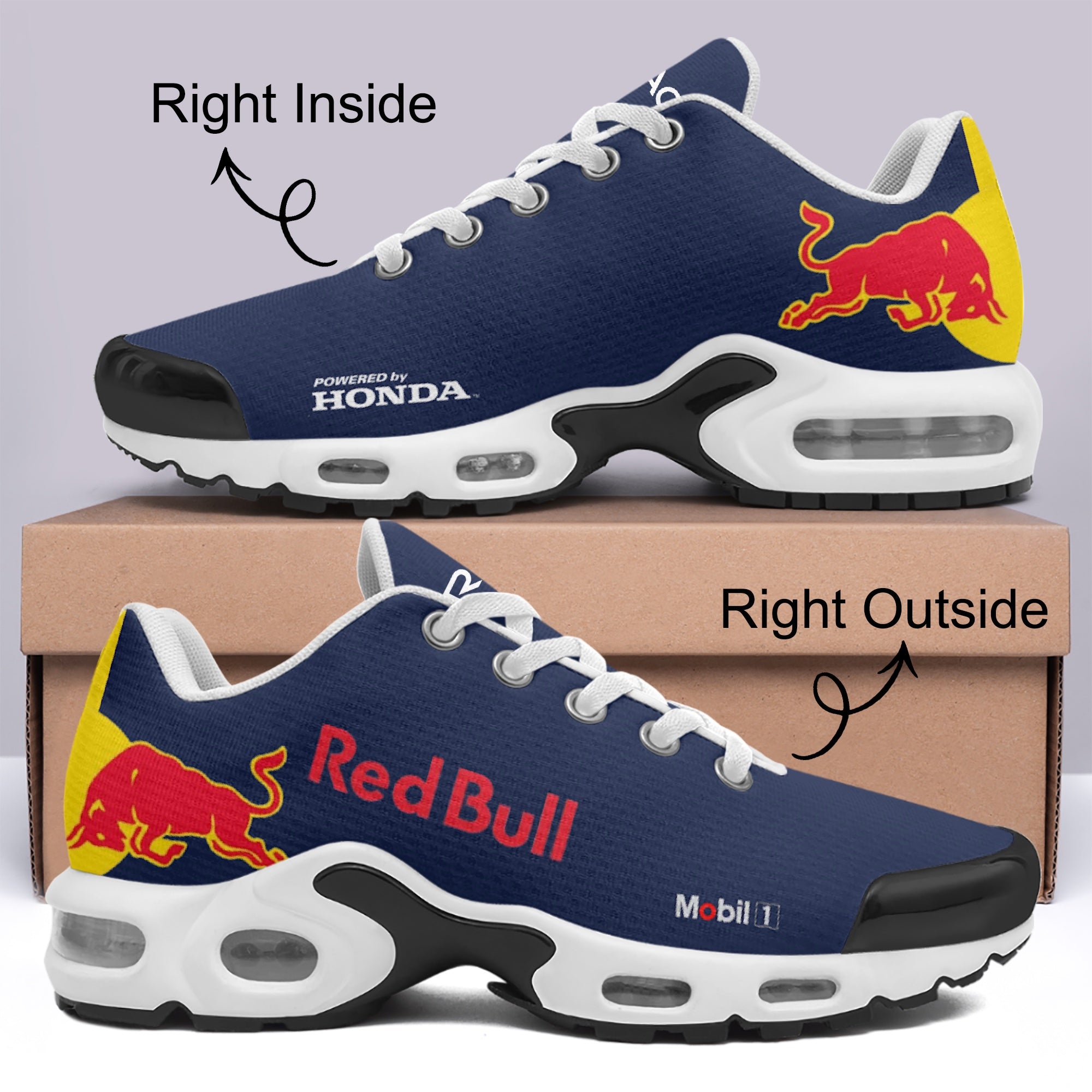 Side view of Red Bull Racing custom sneaker - f1 sneakers, motorsports footwear, race day sneakers
