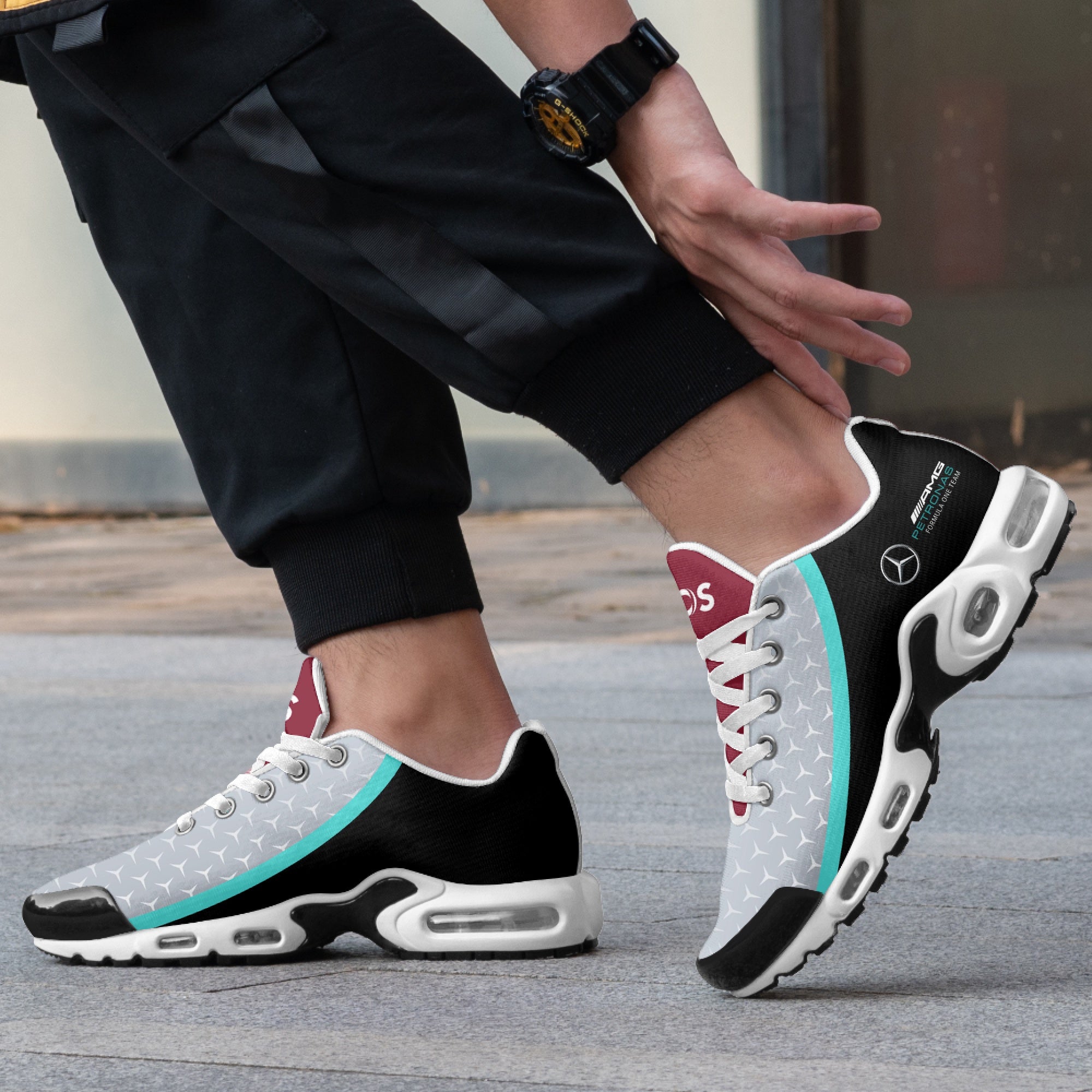 Model wearing the Mercedes Silver Arrows custom sneaker - f1 sneakers, motorsports footwear, race day sneakers