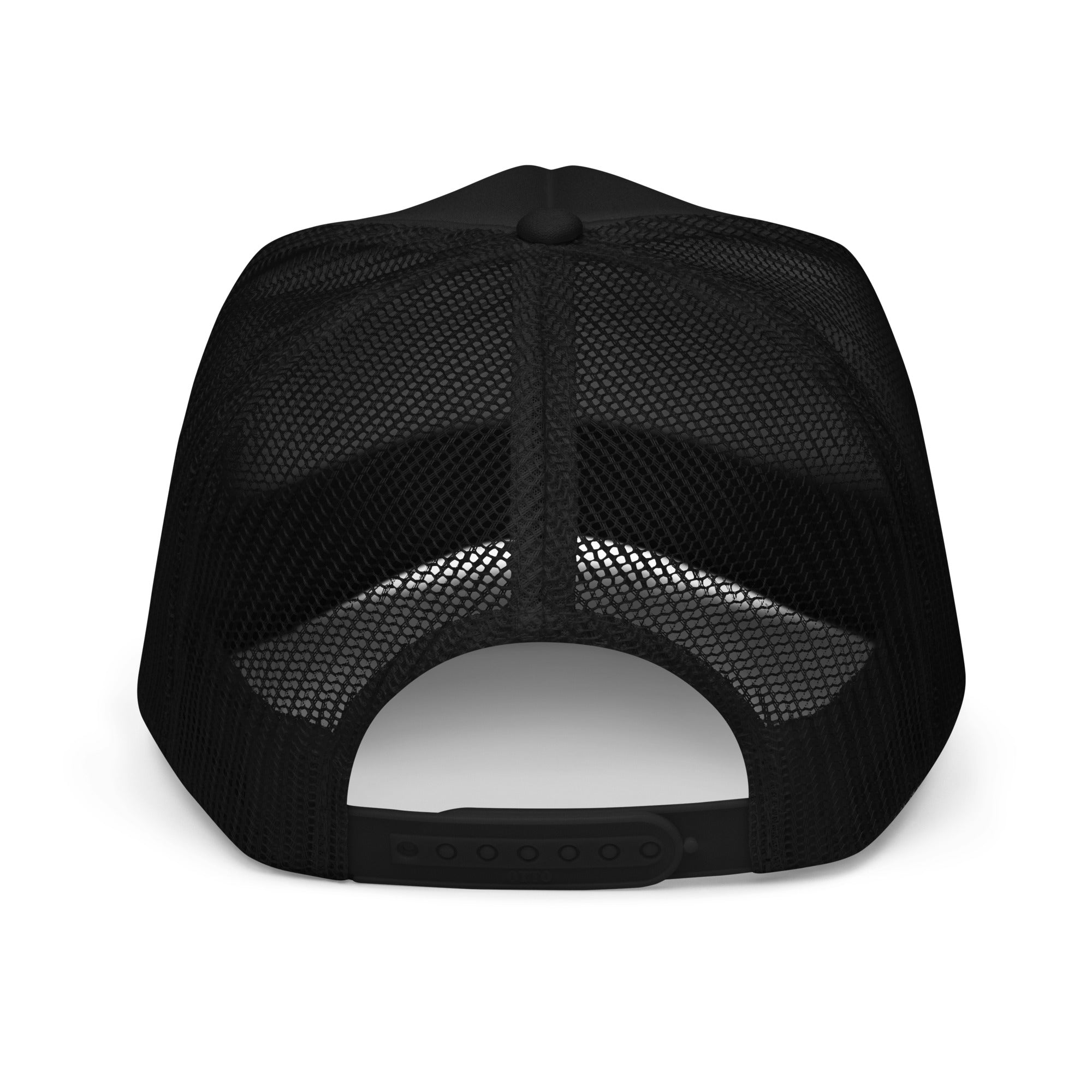 Back of the RISQUÉ trucker hat with adjustable snap closure for a custom fit, blending streetwear and high-end style.