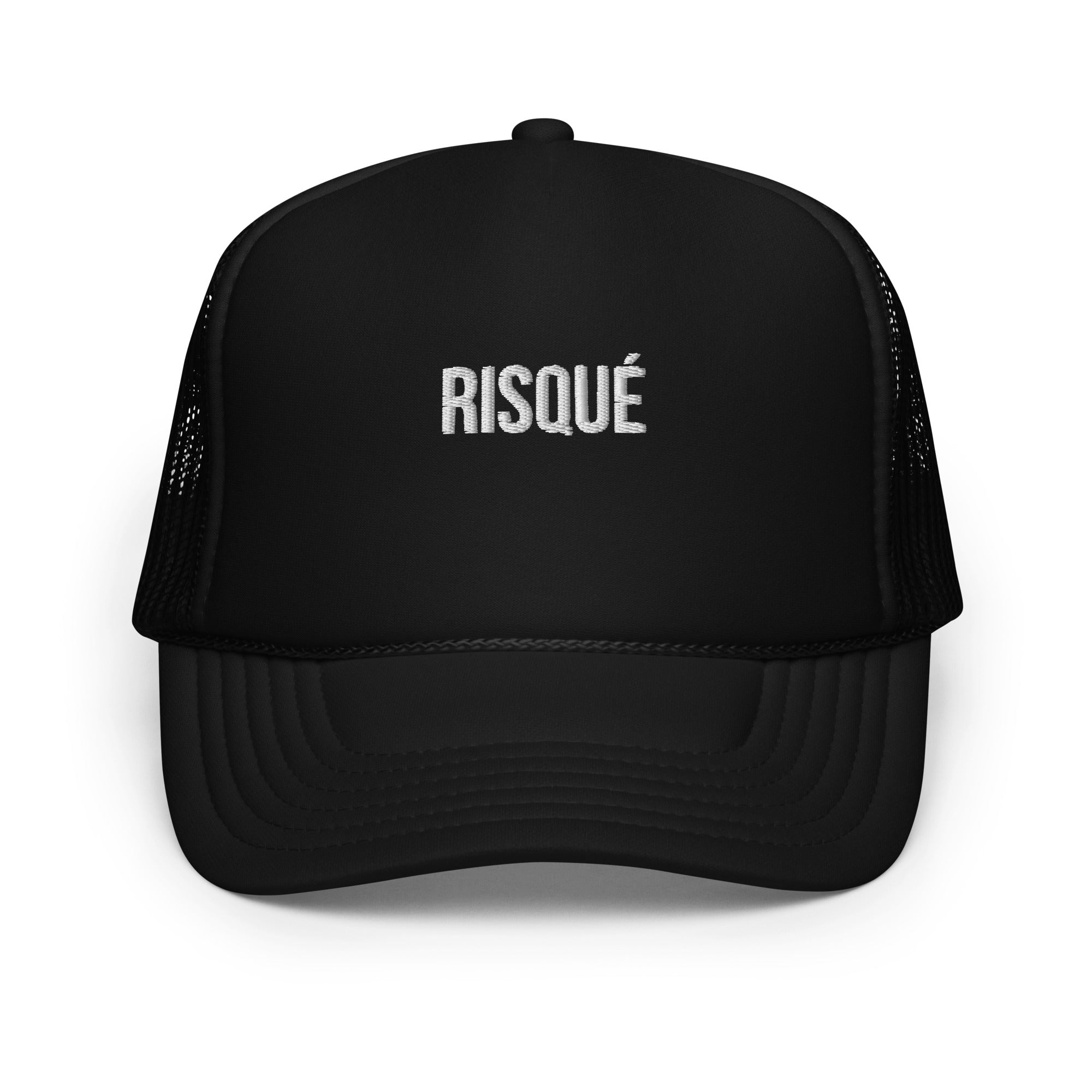 Black RISQUÉ foam trucker hat with premium embroidery and a structured design for a bold, minimalist look.