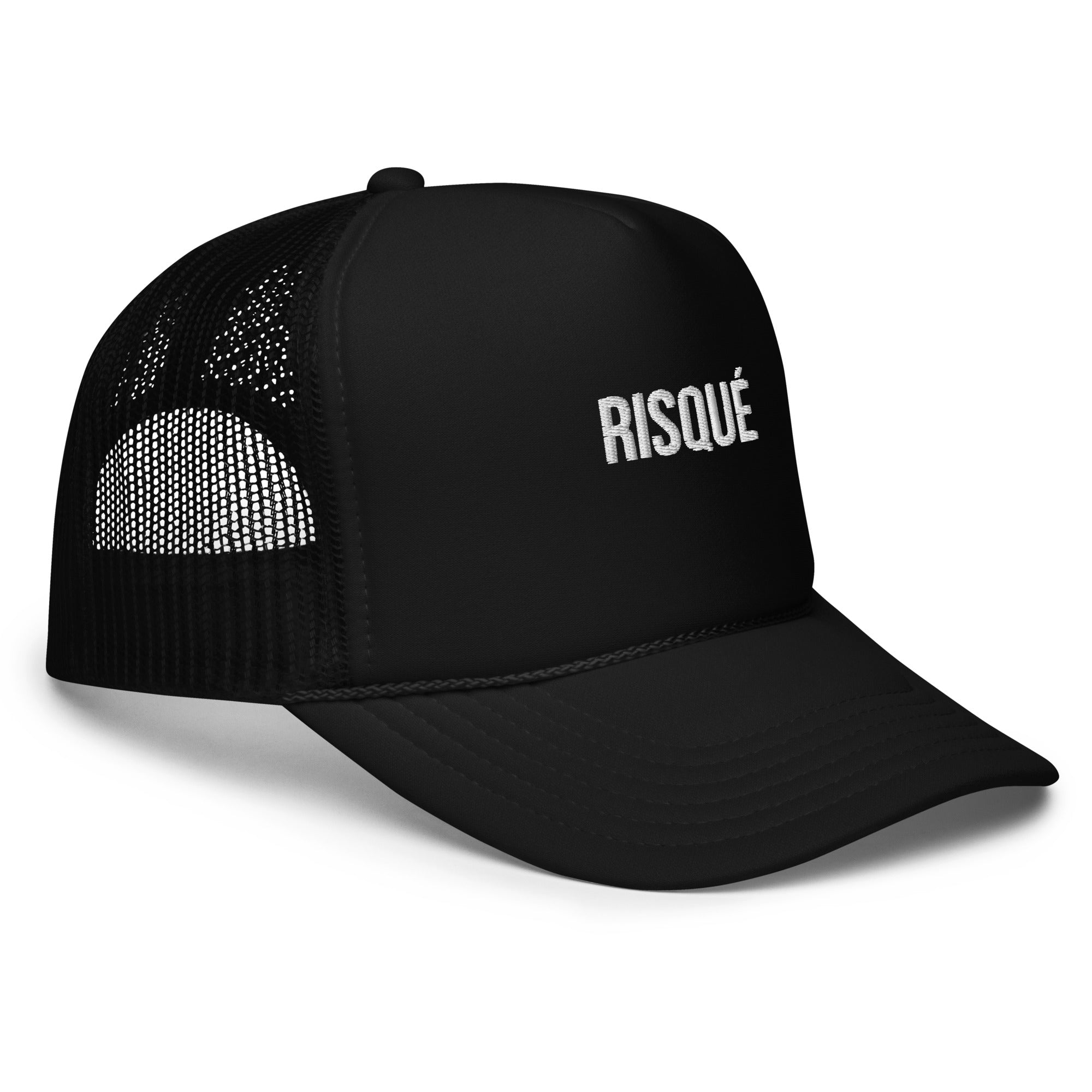 Side view of the RISQUÉ trucker hat with adjustable snap closure for a custom fit, blending streetwear and high-end style.