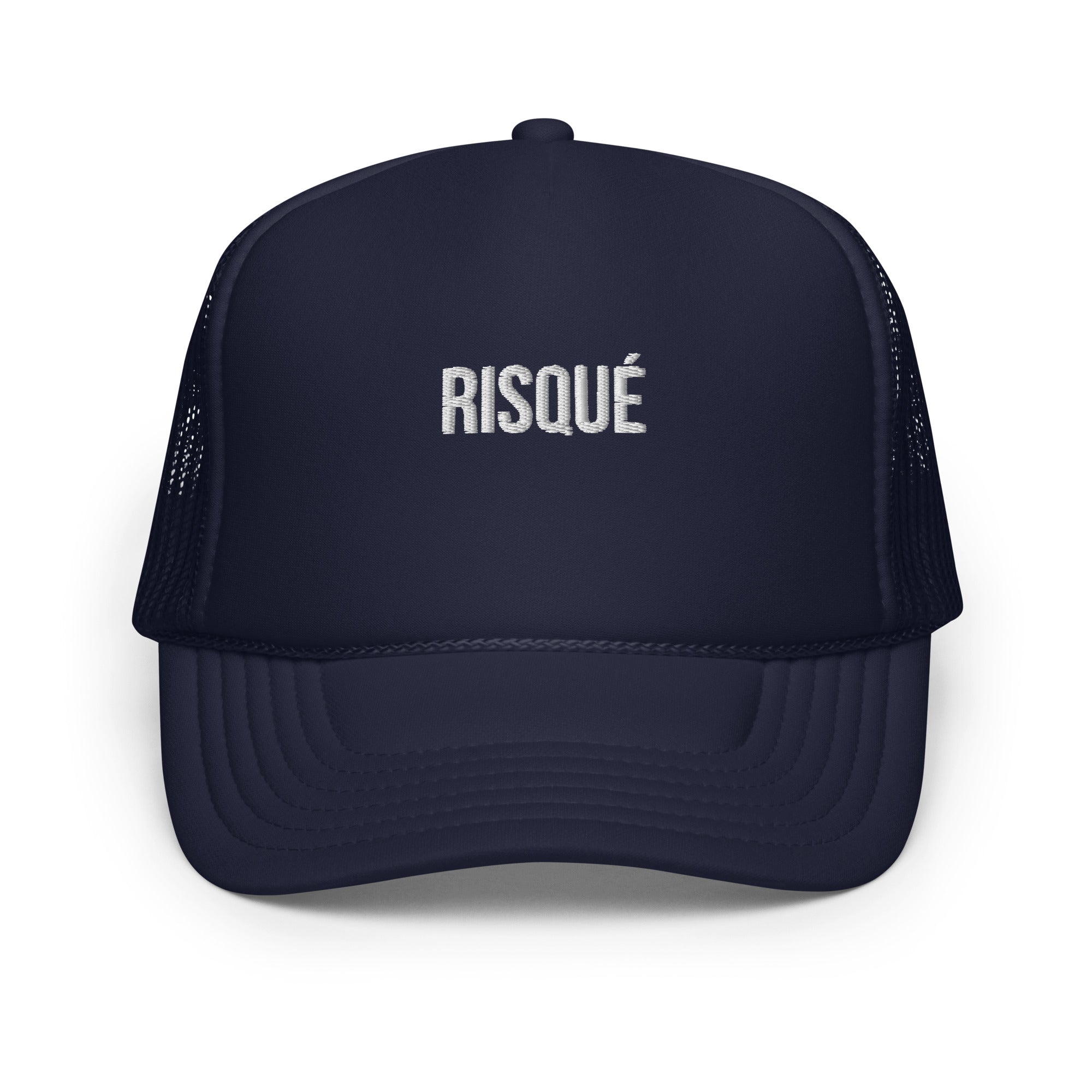 Navy RISQUÉ foam trucker hat with premium embroidery and a structured design for a bold, minimalist look.